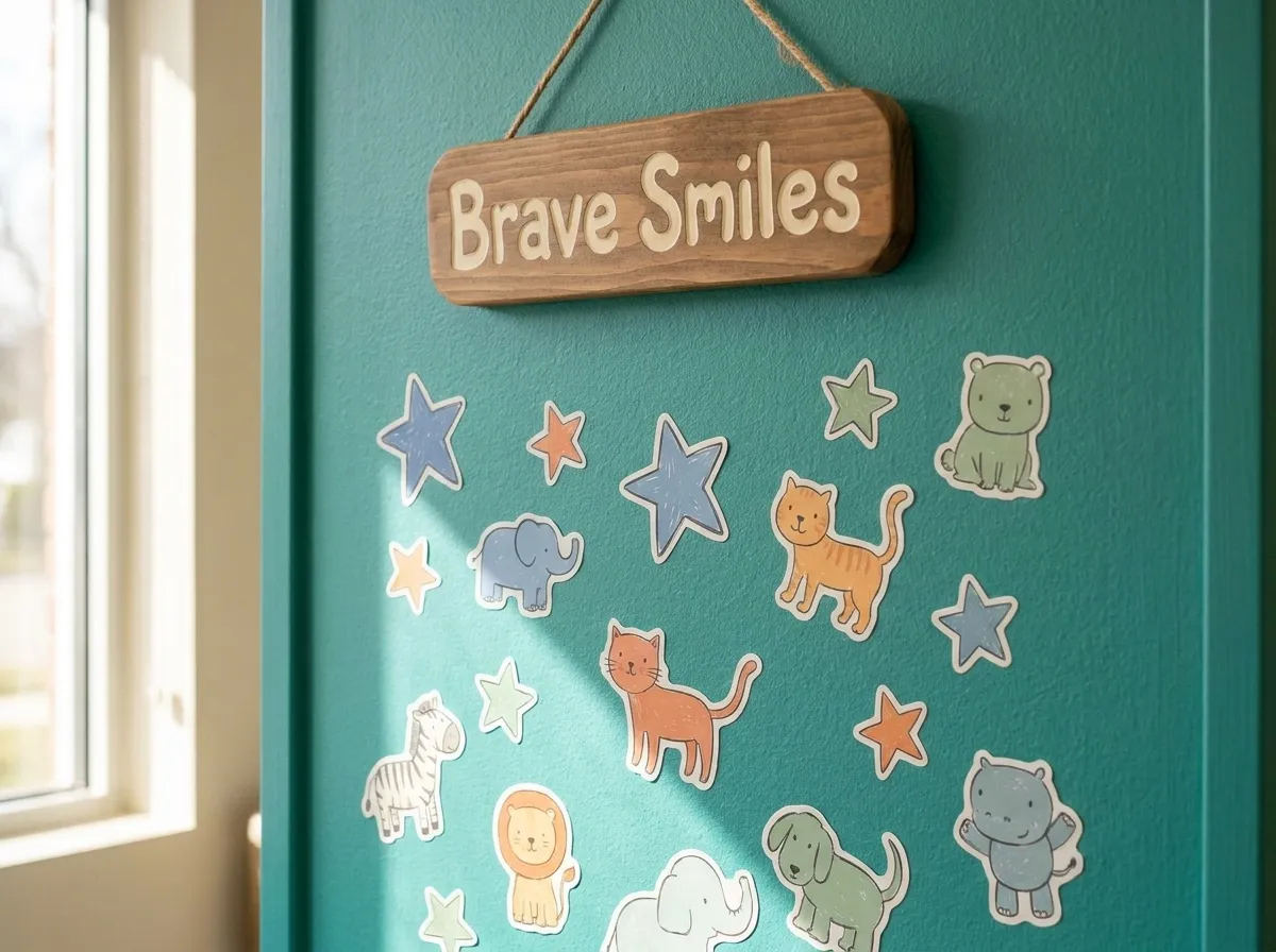 A teal wall covered in animal and star stickers beneath a wooden sign reading Brave Smiles