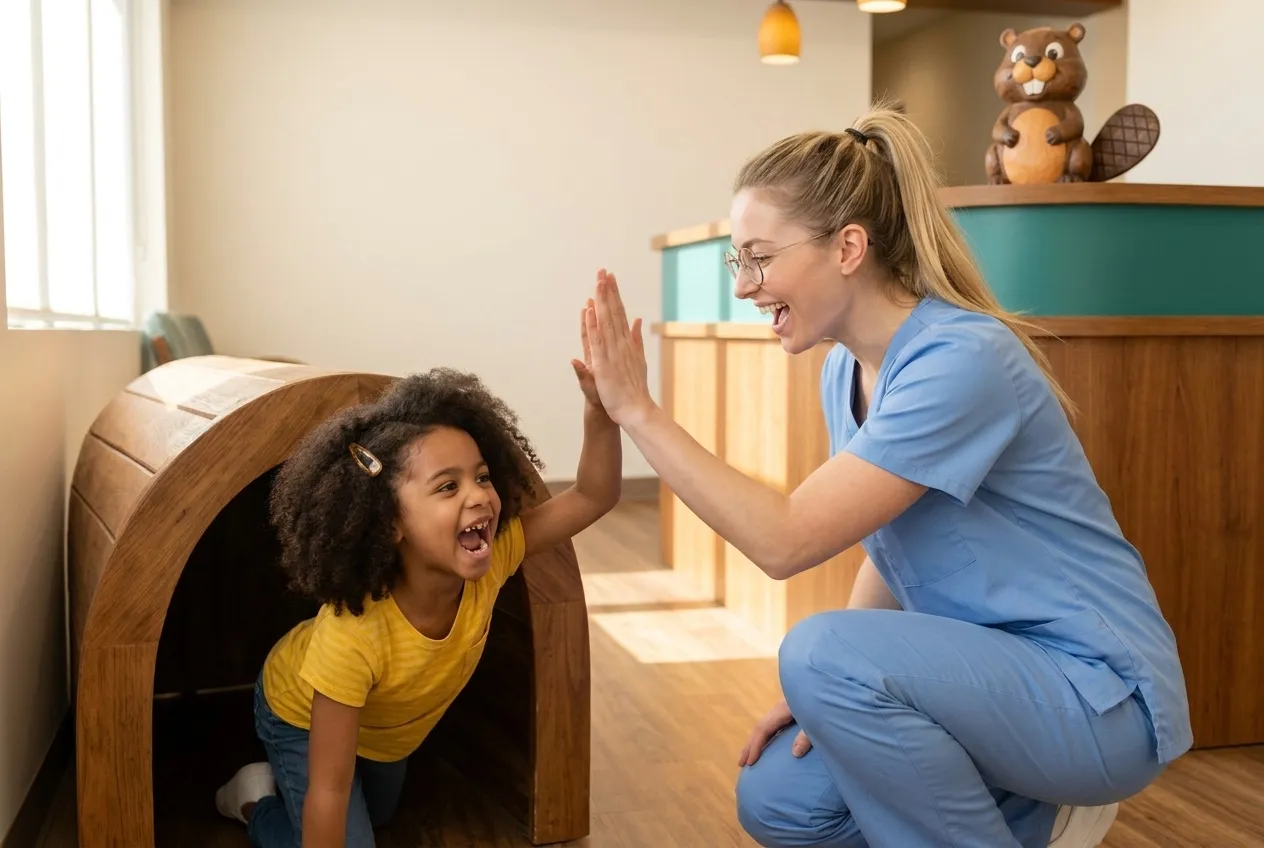 A young girl crawling out of a wooden tunnel in the waiting room and high-fiving a dental assistant crouched beside it