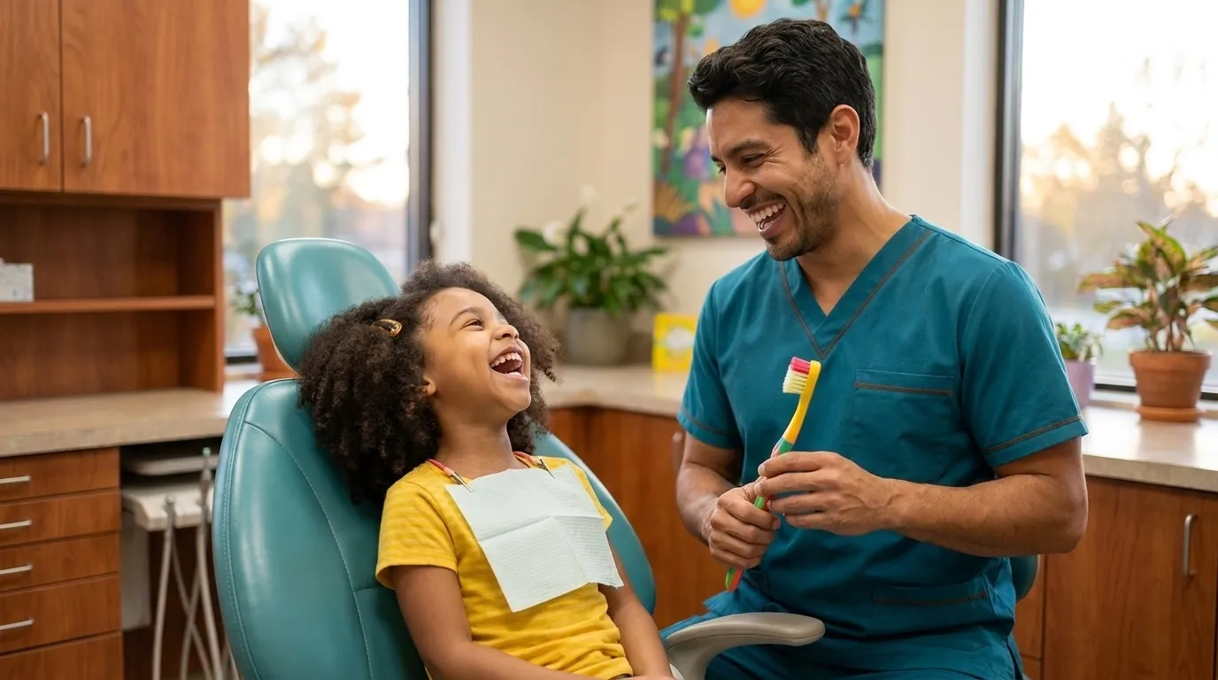 Dr. Marco Delgado laughing with a young girl in the dental chair while holding up a toothbrush to demonstrate brushing