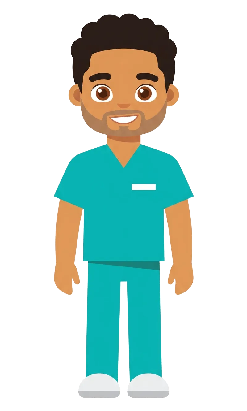 Cartoon Dr. Marco with curly dark hair and a beard, smiling in teal scrubs