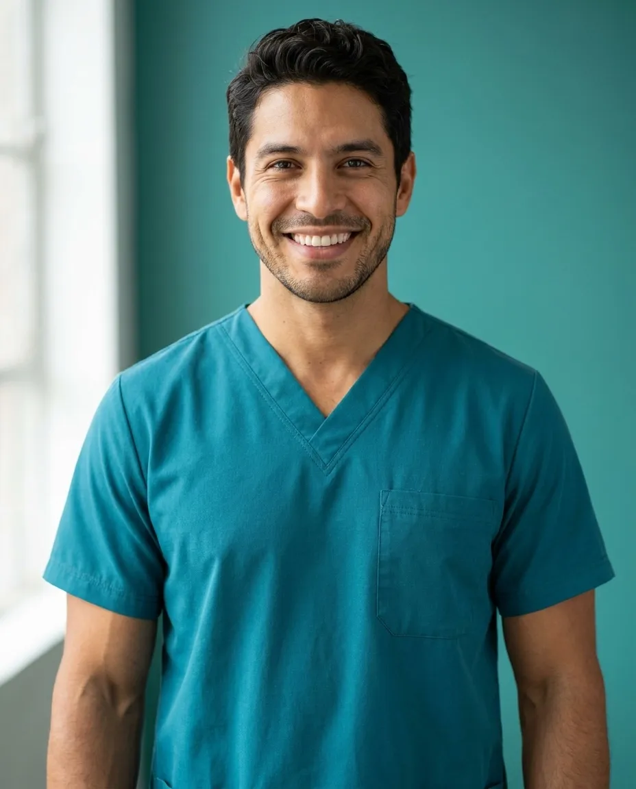 Dr. Marco Delgado smiling in teal scrubs beside a bright window