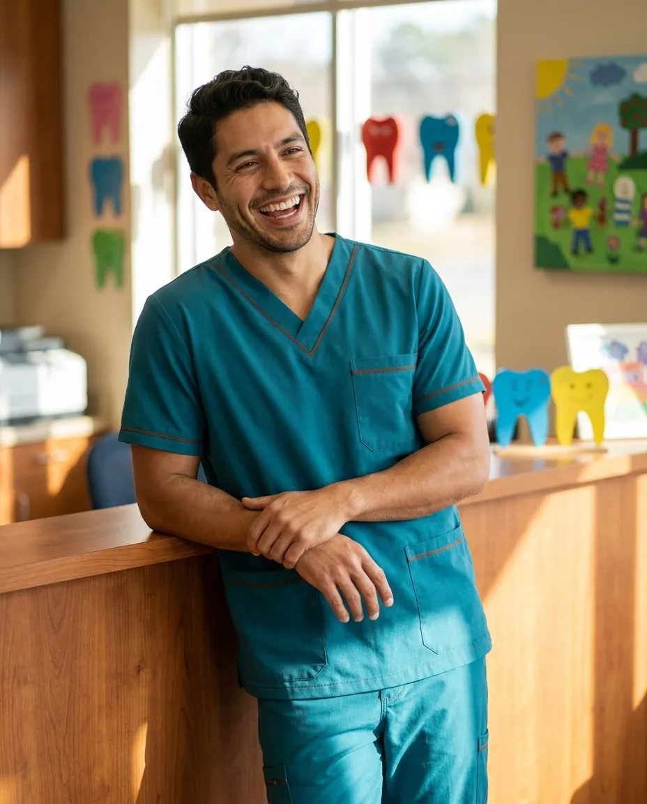 Dr. Marco Delgado laughing at the front desk with paper tooth cutouts taped to the window behind him