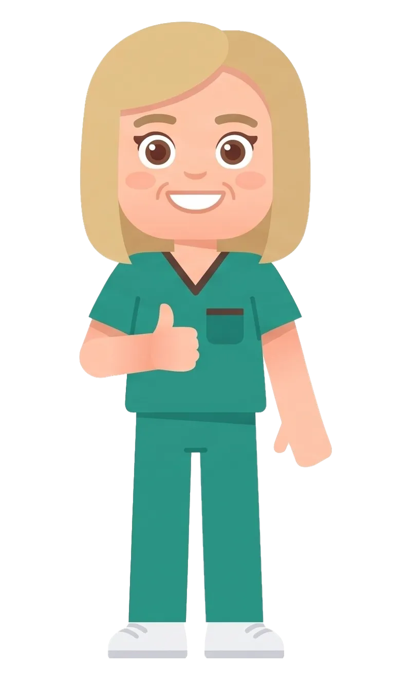 Cartoon Dr. Julia with shoulder-length blonde hair, giving a thumbs up in green scrubs