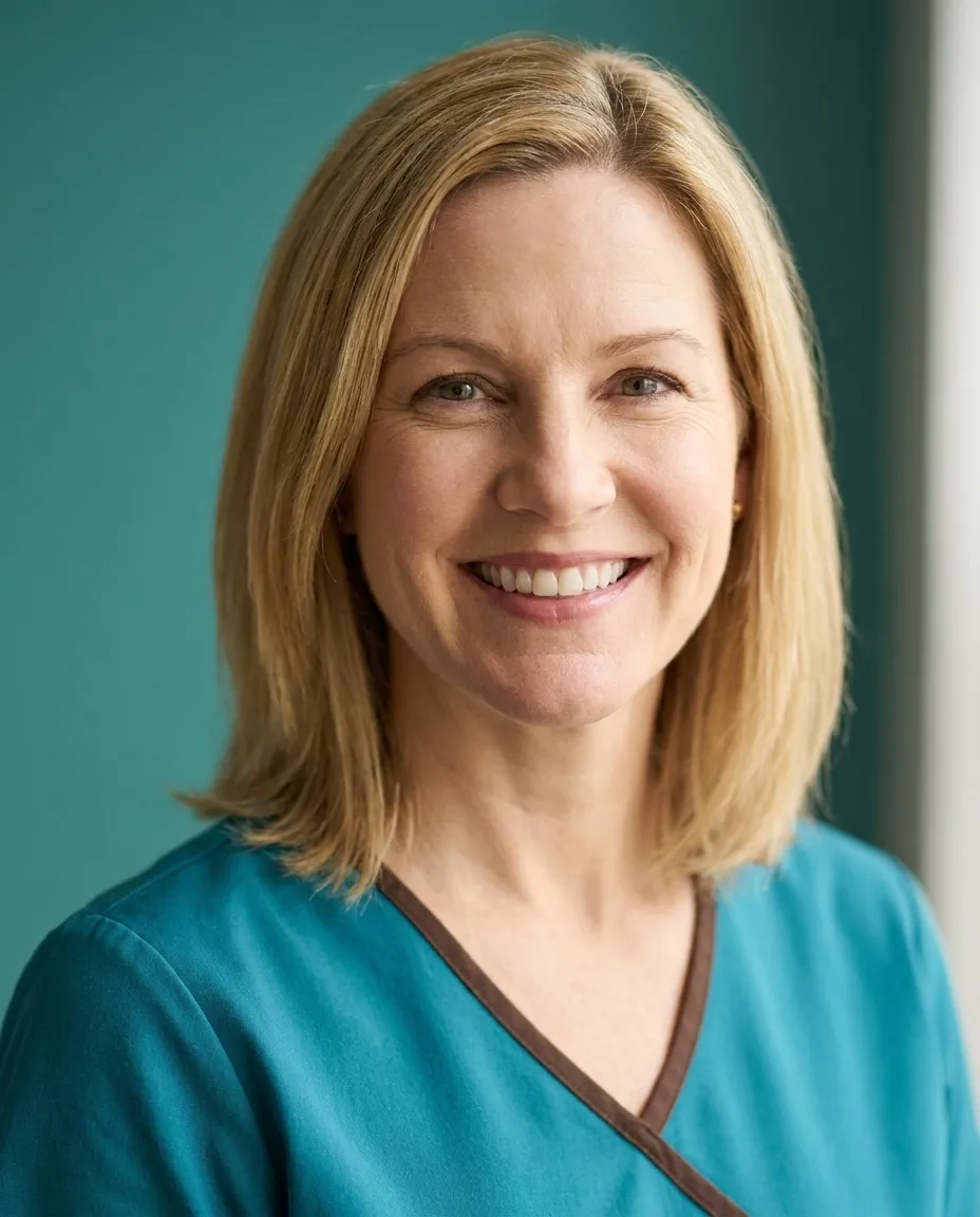 Dr. Julia Hartmann smiling in teal scrubs against a deep teal wall