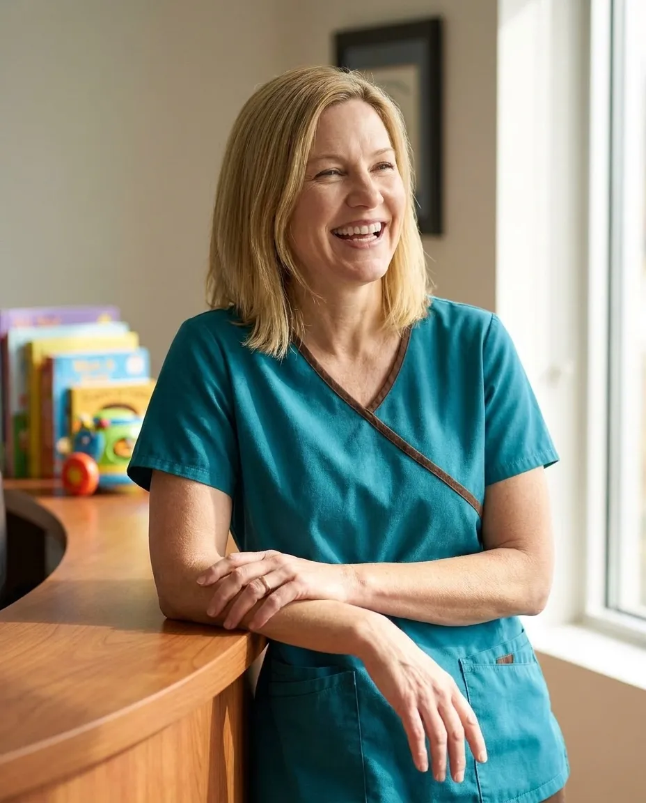 Dr. Julia Hartmann laughing while leaning on the reception desk beside a shelf of picture books