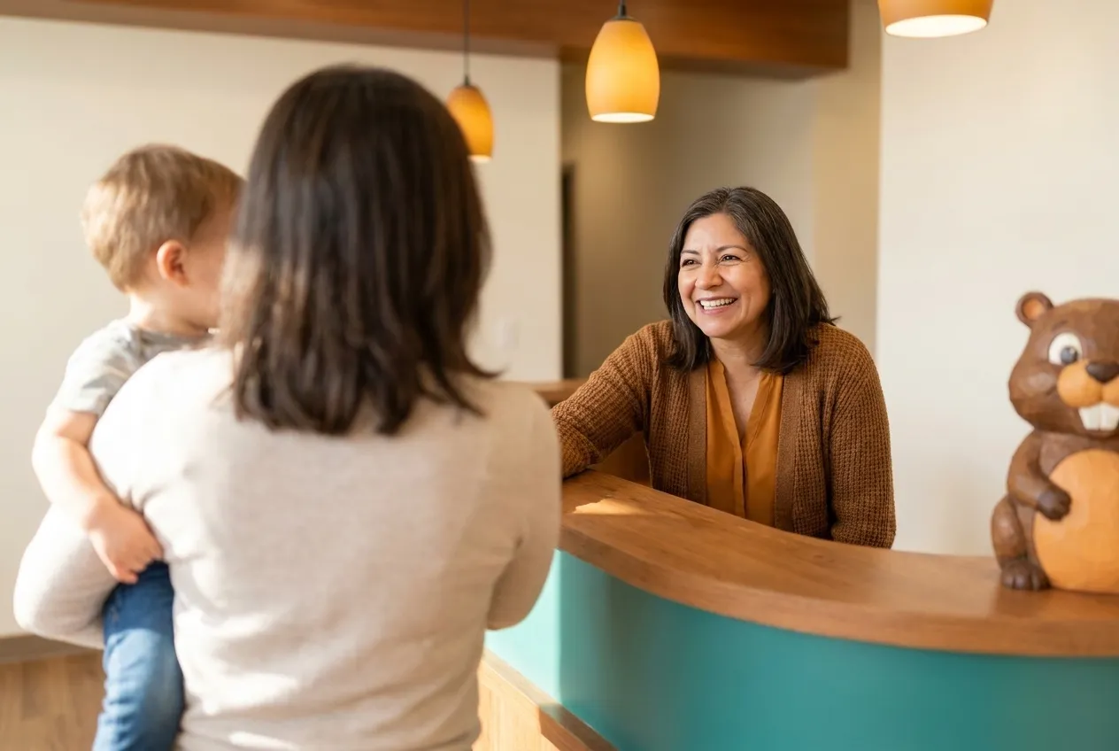 A parent holding a toddler at the reception desk while Rosa Iturbe greets them from behind the counter