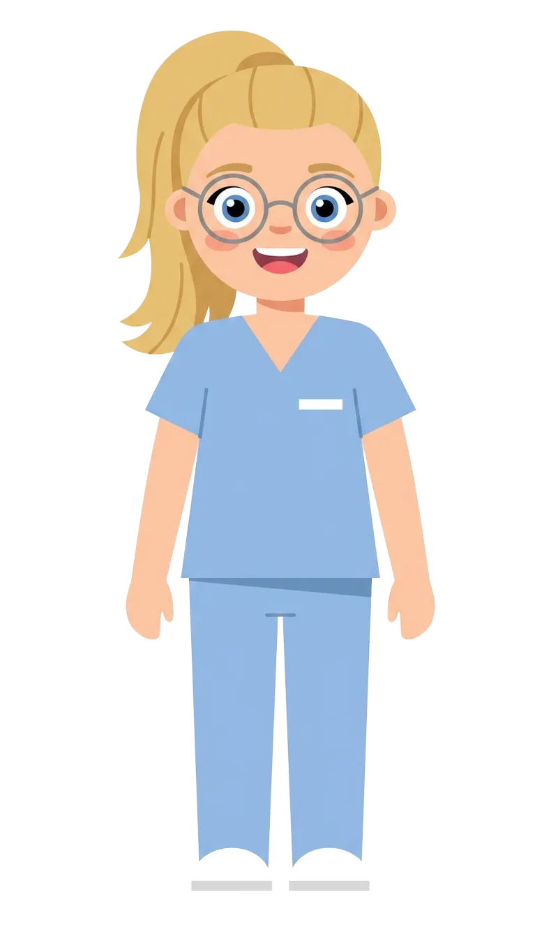 Cartoon Jess with a blonde ponytail and round glasses, smiling in light blue scrubs