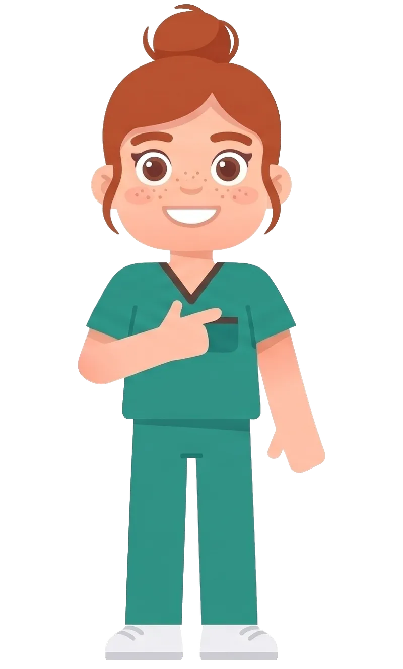 Cartoon Kelsey with red hair in a bun and freckles, smiling in green scrubs