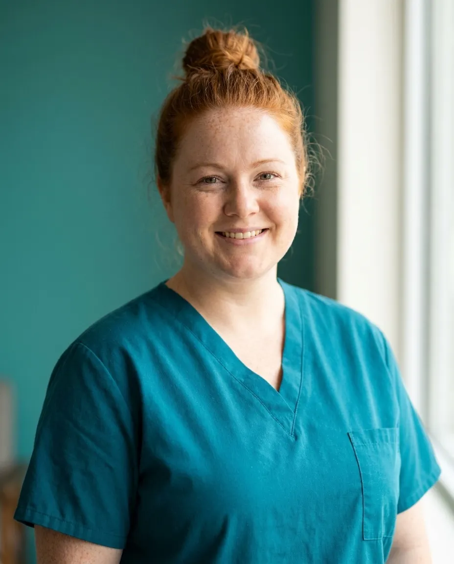 Kelsey Doyle, a dental hygienist with red hair in a bun, smiling in teal scrubs