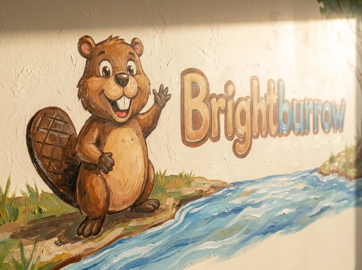 Hand-painted lobby mural of Bramble the beaver waving beside a painted stream, next to the Brightburrow wordmark