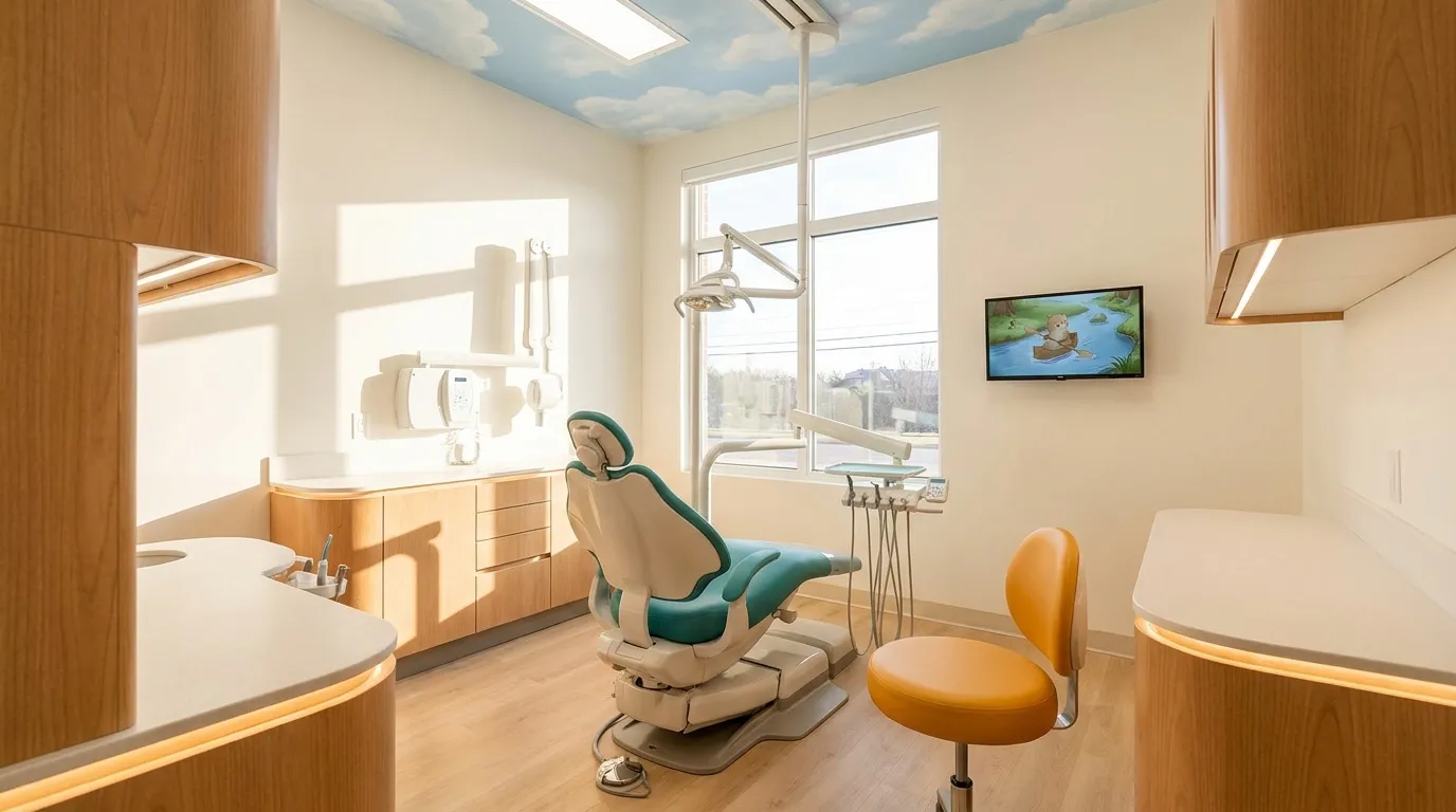 A treatment room with a teal dental chair, a cloud-painted ceiling above it, and a cartoon beaver playing on a small wall-mounted screen