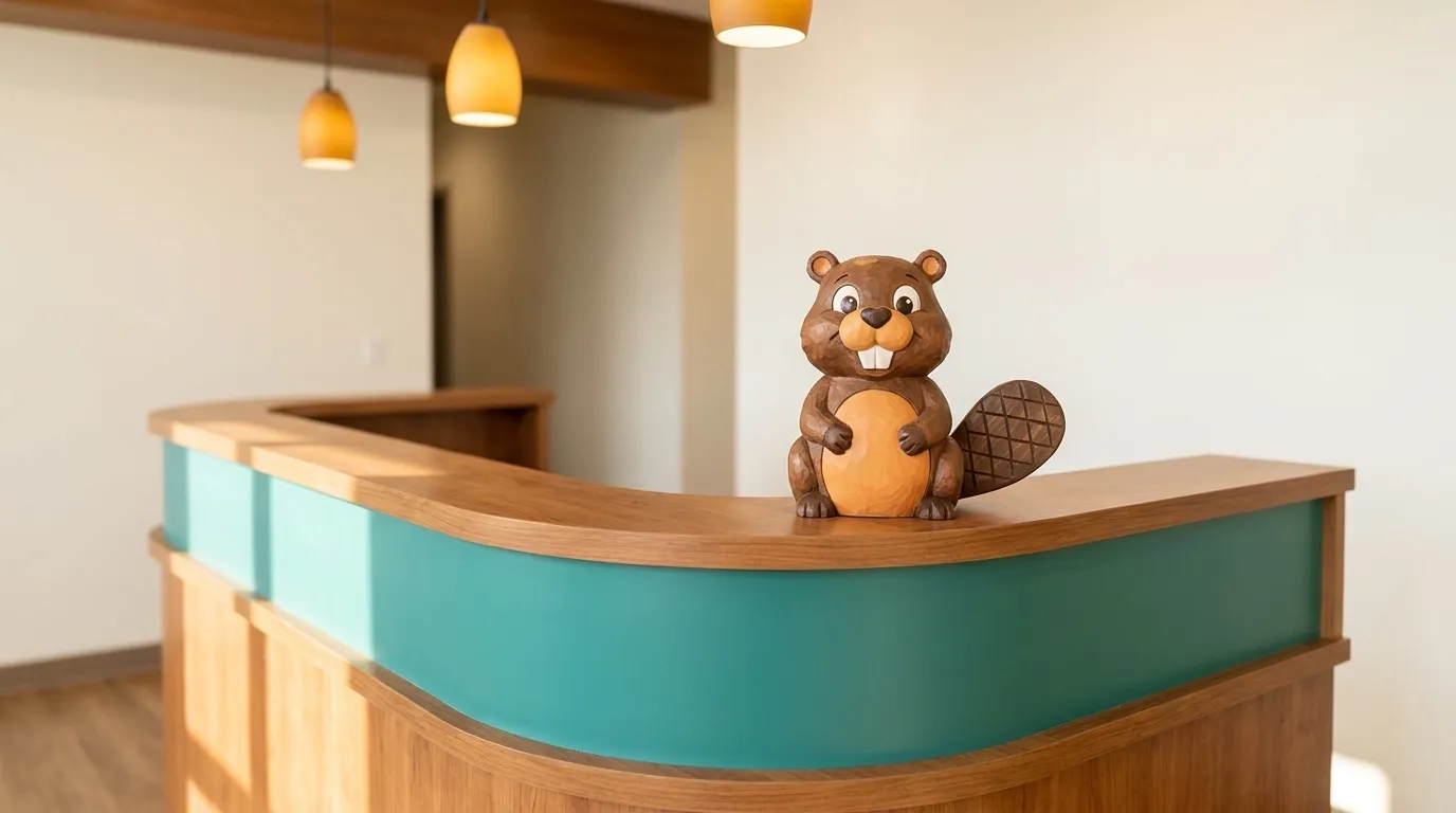 A carved wooden beaver sitting on the corner of a curved cherry-wood reception desk with a teal front panel