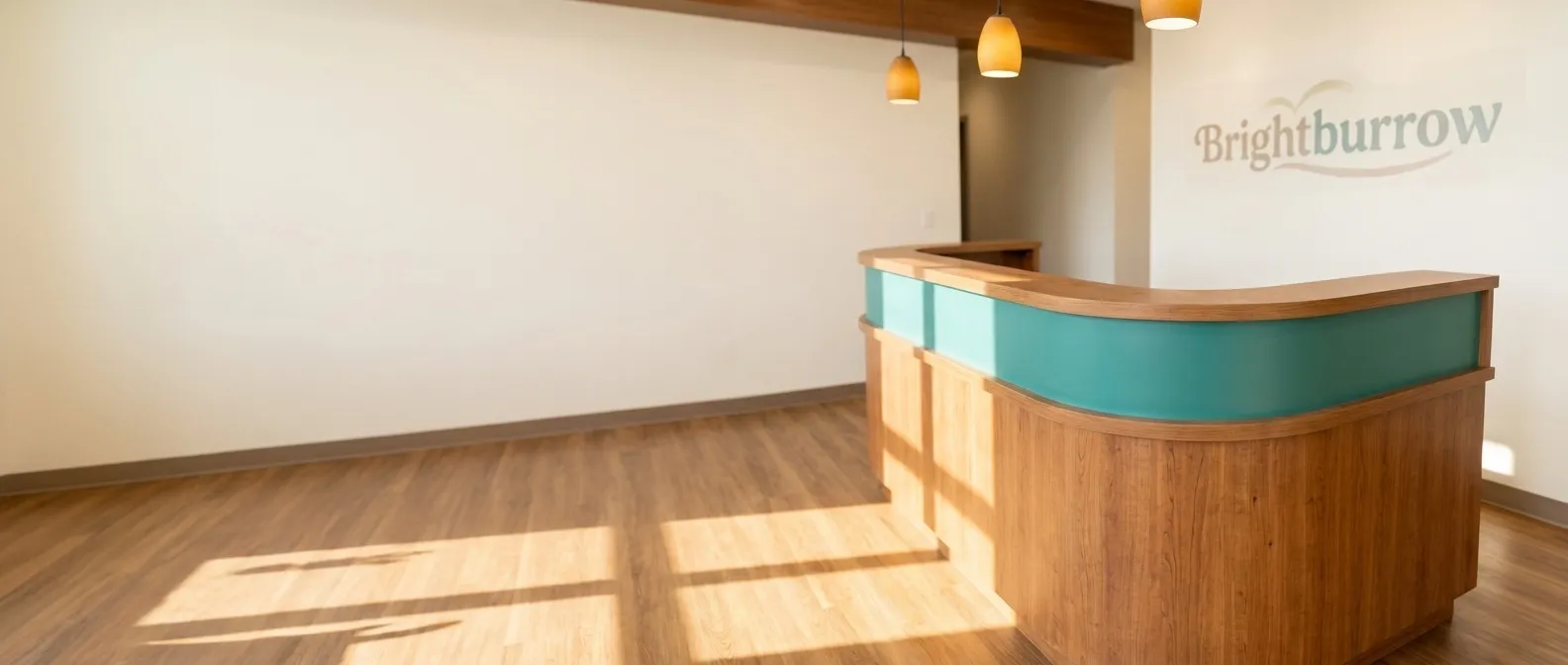 Curved cherry-wood reception desk with a teal front panel, amber pendant lights above, and the Brightburrow wordmark on the wall behind