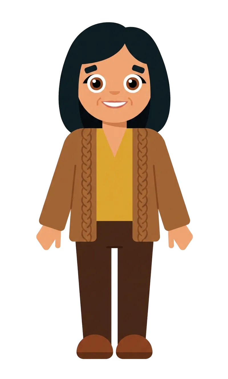 Cartoon Rosa with long dark hair, smiling in a rust cardigan over a mustard top
