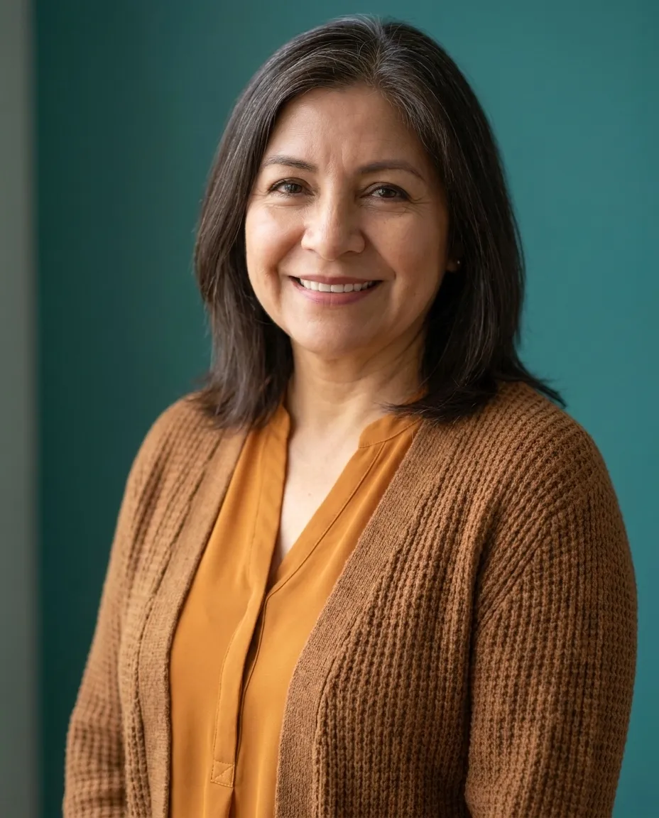 Rosa Iturbe smiling in a rust cardigan against a deep teal wall