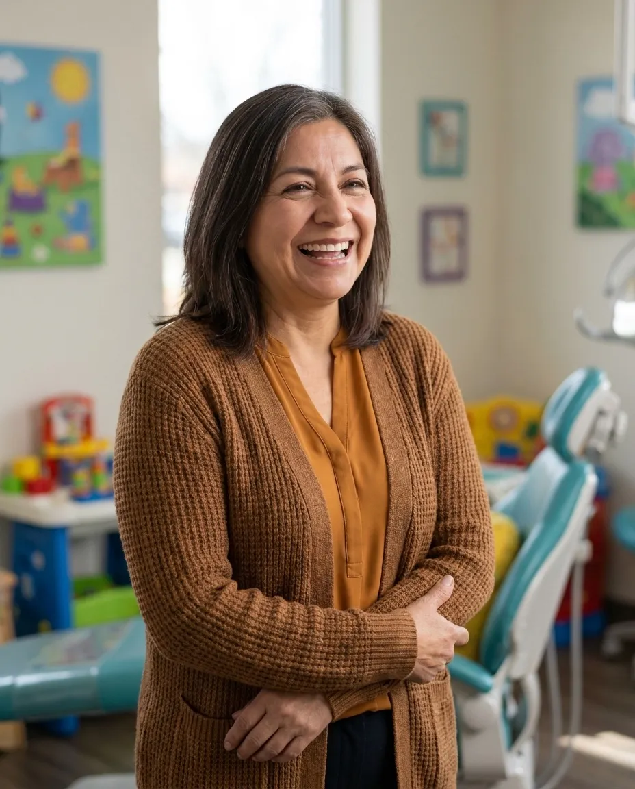 Rosa Iturbe laughing in a treatment room with a teal dental chair and a toy table behind her