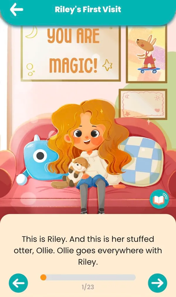 A page from Riley’s First Visit: Riley sits on a couch holding Ollie the otter