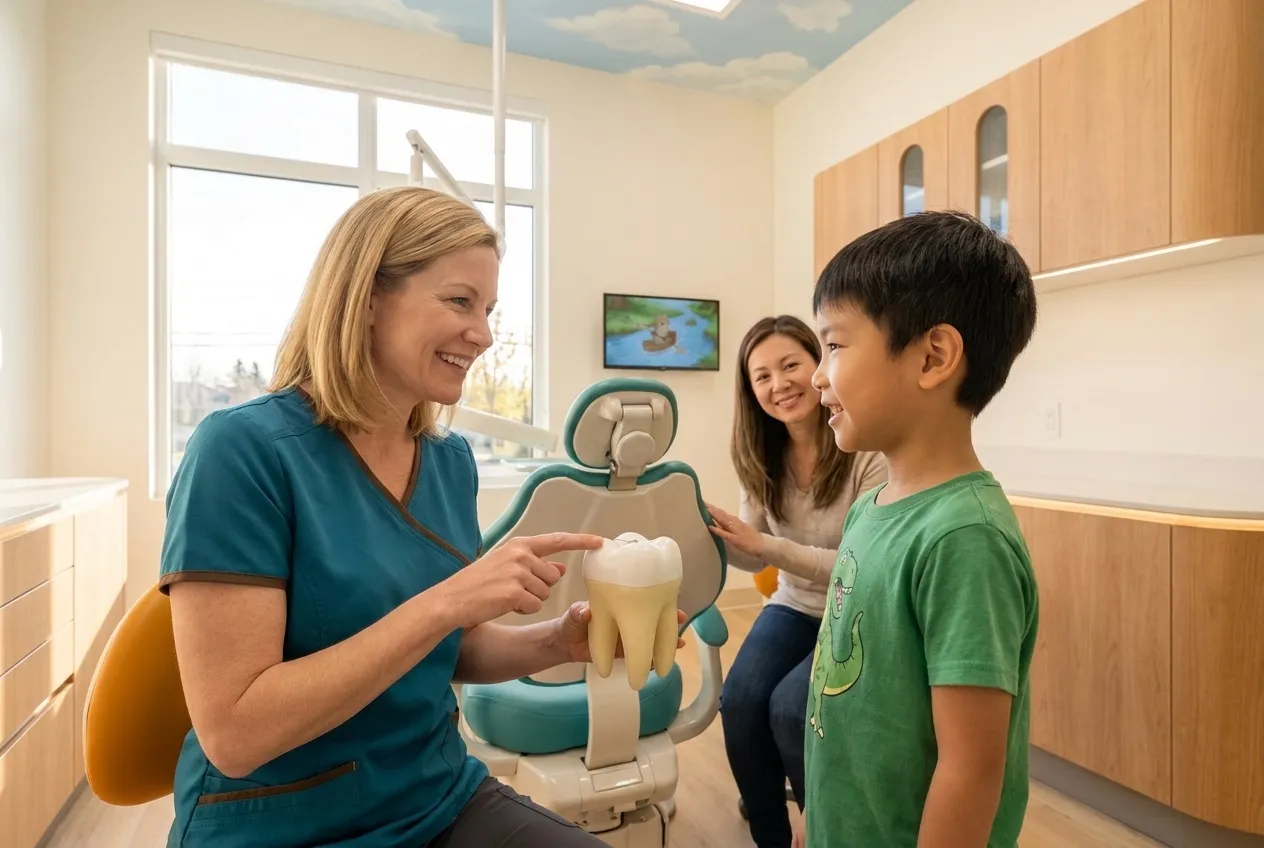 Dr. Julia Hartmann holding a large model tooth and pointing at it while a boy in a green dinosaur shirt watches, his mother seated behind him