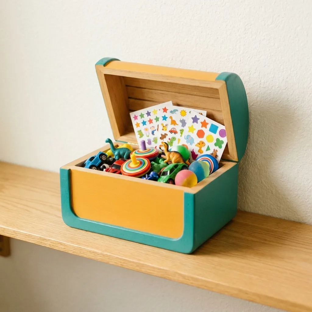 An open wooden treasure chest painted teal and yellow, filled with small toys and sticker sheets